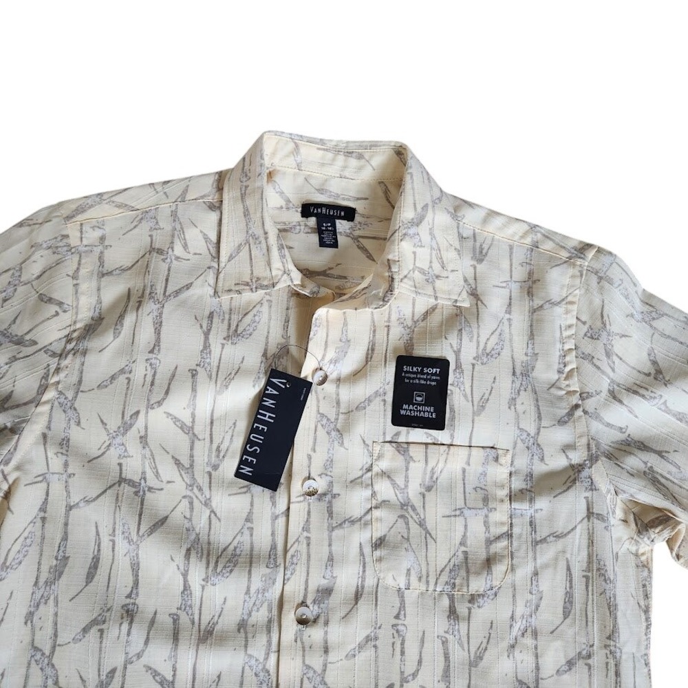 Van Heusen Men Oasis Prints Short Sleeve Button Down Shirt Vanilla Small NEW 105 - Picture 5 of 6